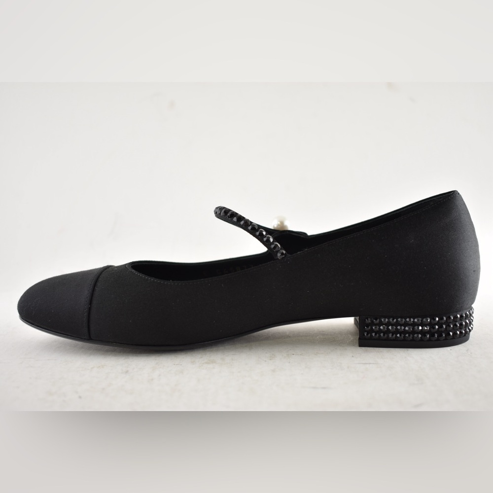Chanel 24B Black Silk Crystal CC Logo Mary Jane Strap Ballerina Ballet Flat 38.5 - Picture 10 of 15